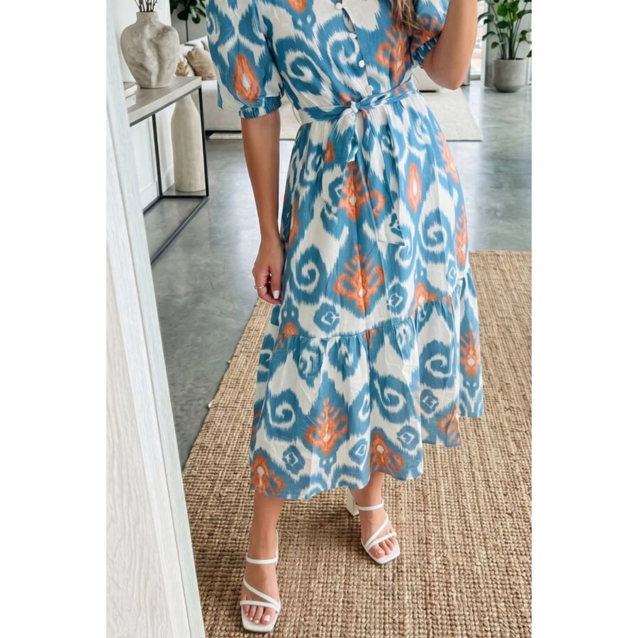 Floral Print Short Puff Sleeve Button Down Ruffle Hem Midi Dress Apparel and Accessories