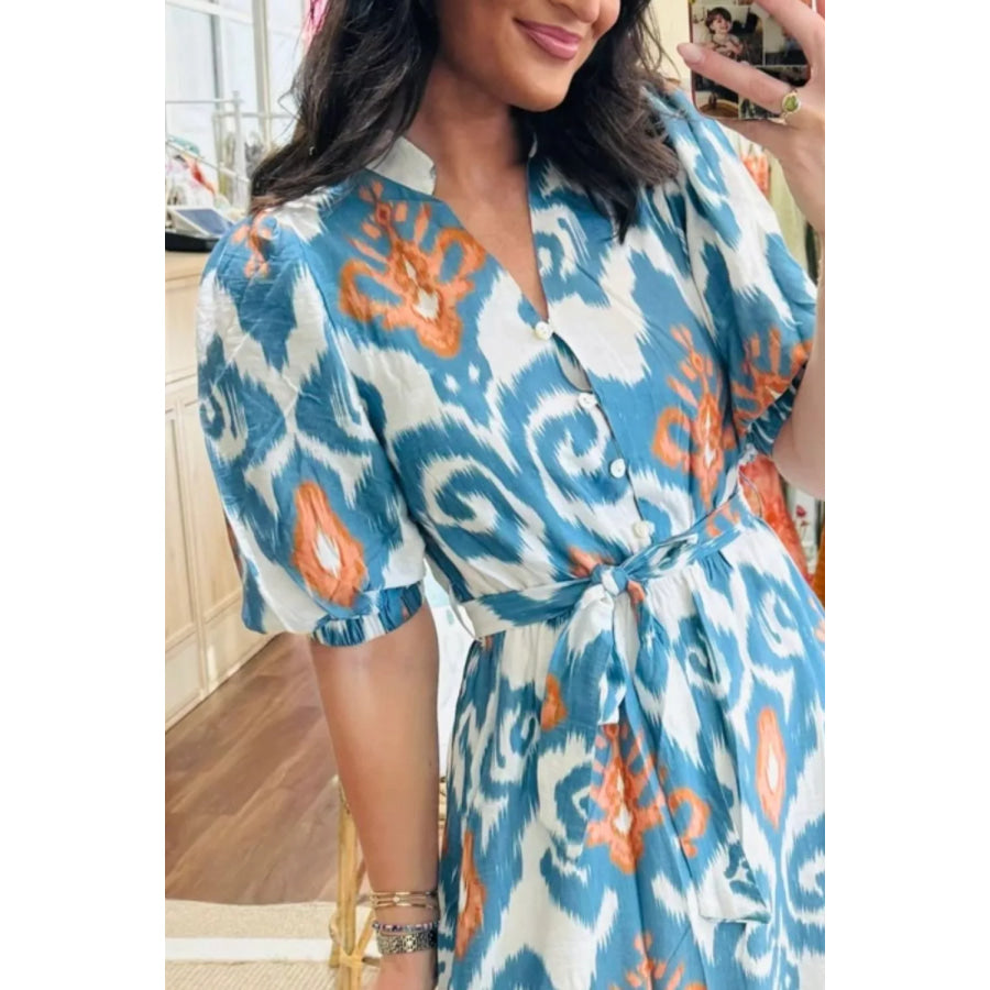 Floral Print Short Puff Sleeve Button Down Ruffle Hem Midi Dress Apparel and Accessories