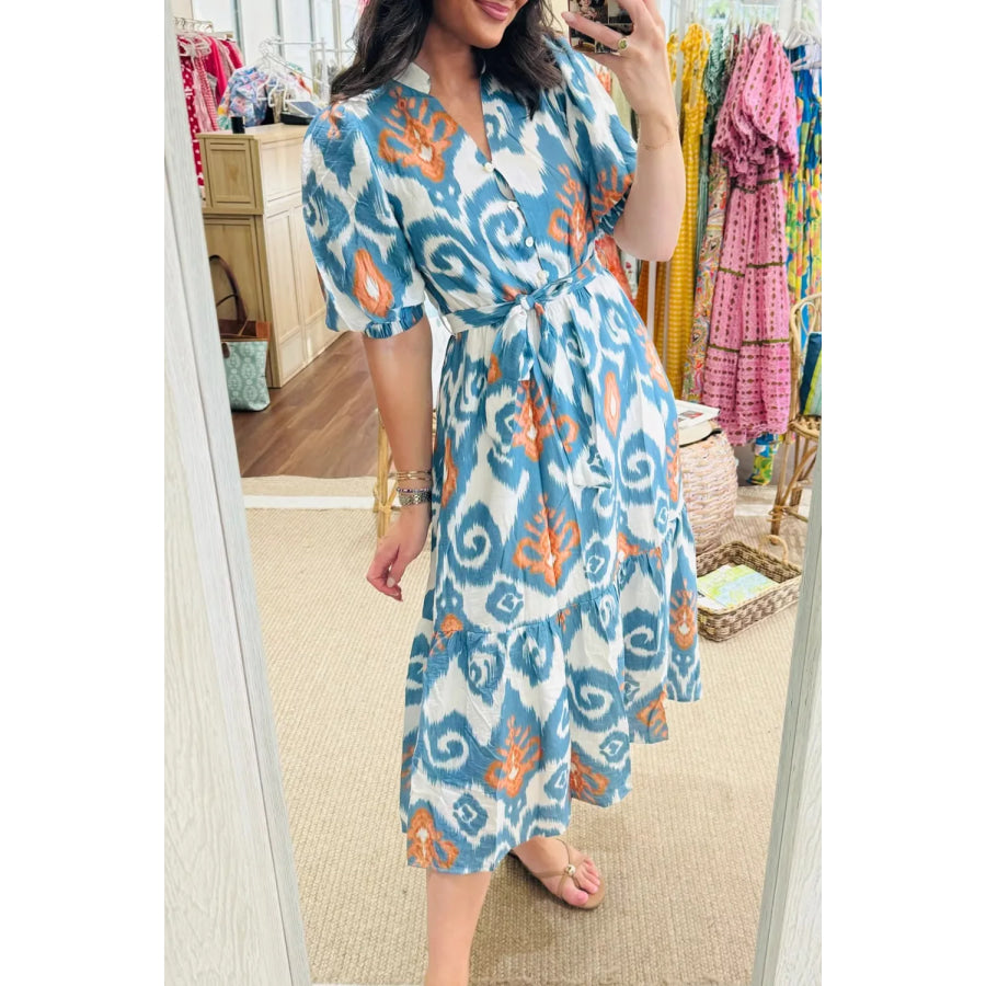 Floral Print Short Puff Sleeve Button Down Ruffle Hem Midi Dress Light Blue / S Apparel and Accessories