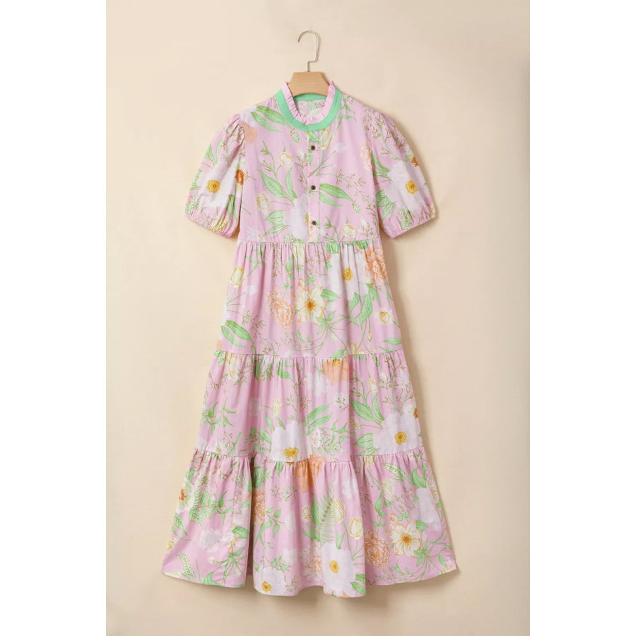 Floral Print Short Puff Sleeve High Waist Tiered Dress Apparel and Accessories