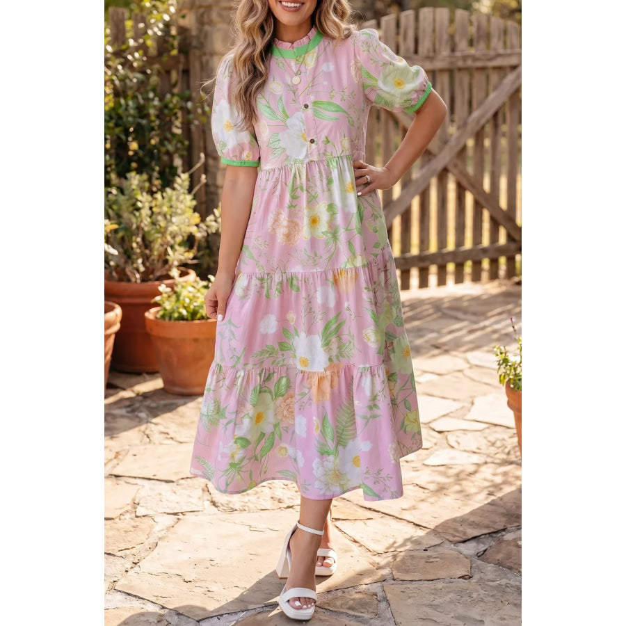 Floral Print Short Puff Sleeve High Waist Tiered Dress Dusty Pink / S Apparel and Accessories