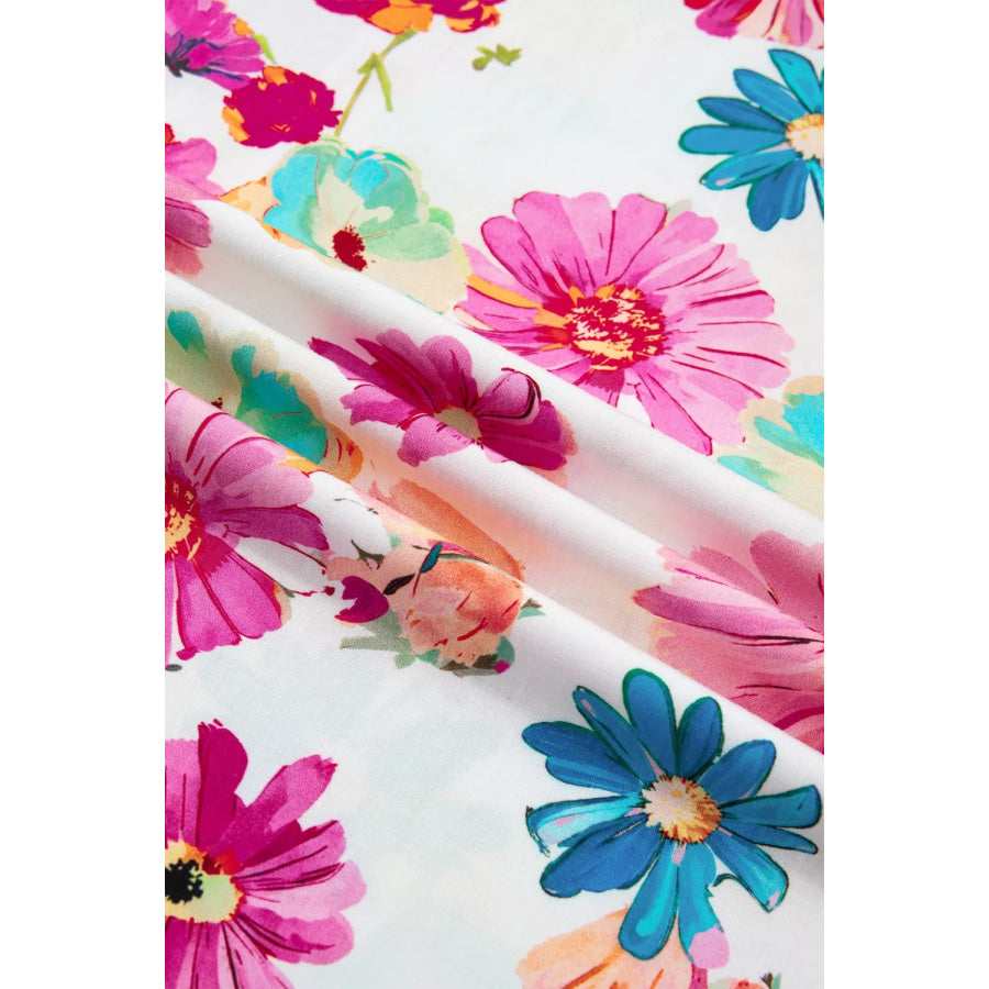 Floral Print Short Puff Sleeve Striped Trim V Neck Blouse Apparel and Accessories