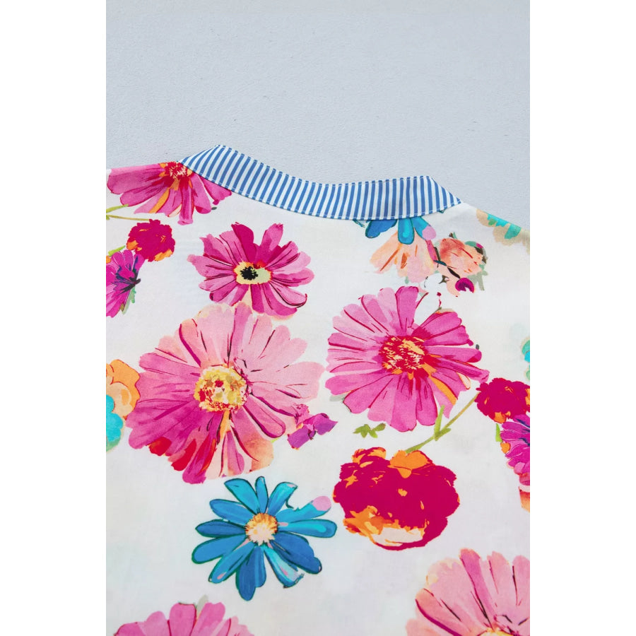 Floral Print Short Puff Sleeve Striped Trim V Neck Blouse Apparel and Accessories