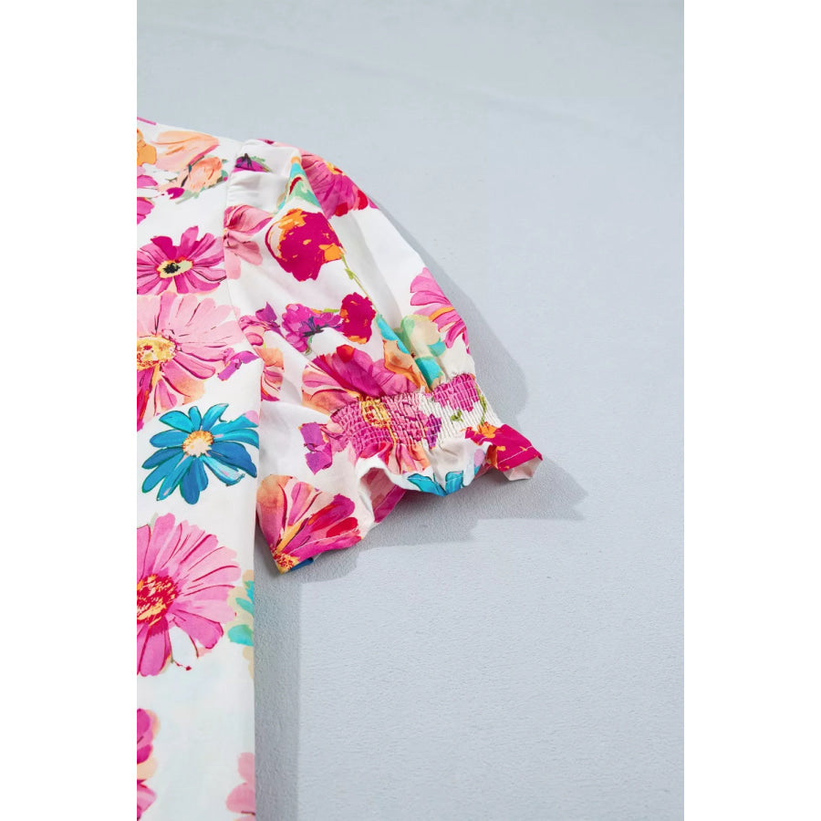 Floral Print Short Puff Sleeve Striped Trim V Neck Blouse Apparel and Accessories