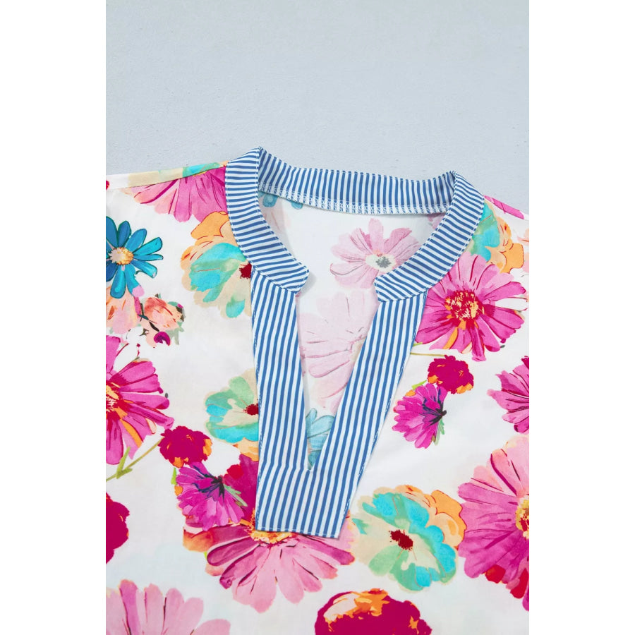 Floral Print Short Puff Sleeve Striped Trim V Neck Blouse Apparel and Accessories