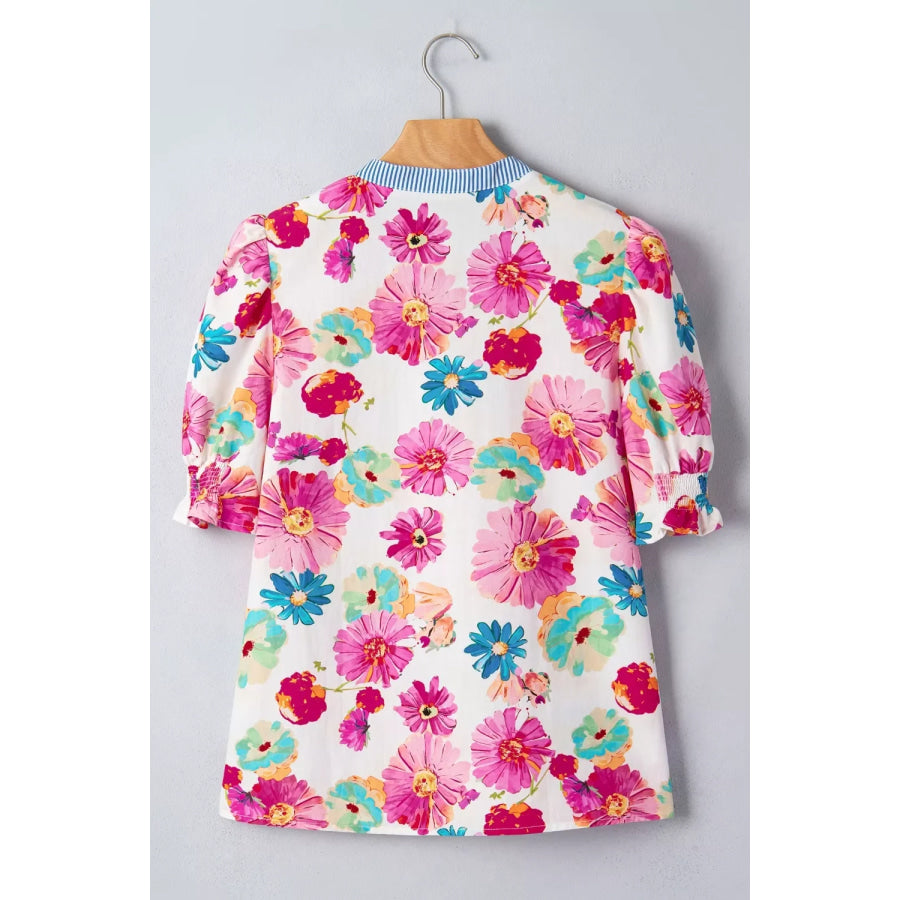 Floral Print Short Puff Sleeve Striped Trim V Neck Blouse Apparel and Accessories