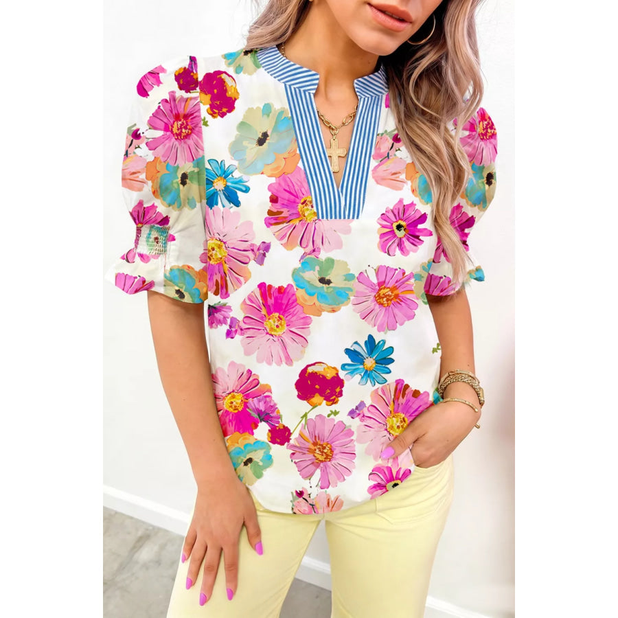Floral Print Short Puff Sleeve Striped Trim V Neck Blouse Apparel and Accessories