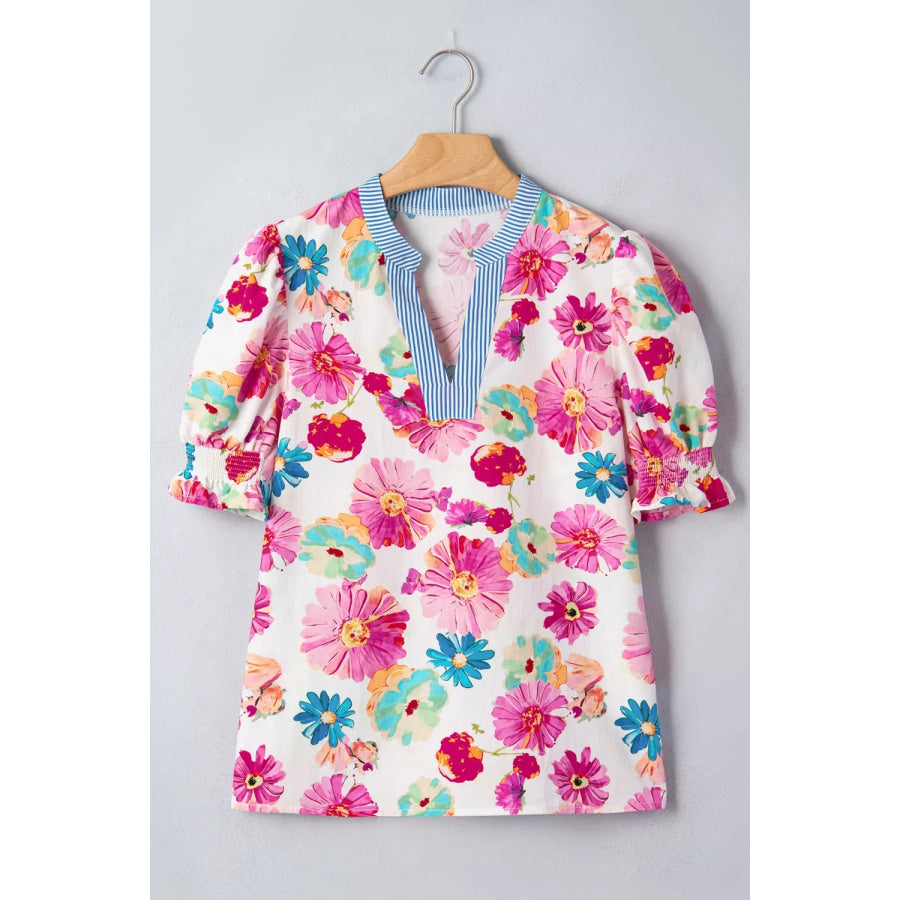Floral Print Short Puff Sleeve Striped Trim V Neck Blouse Apparel and Accessories
