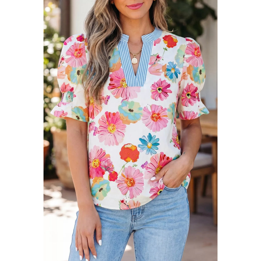 Floral Print Short Puff Sleeve Striped Trim V Neck Blouse Floral / S Apparel and Accessories