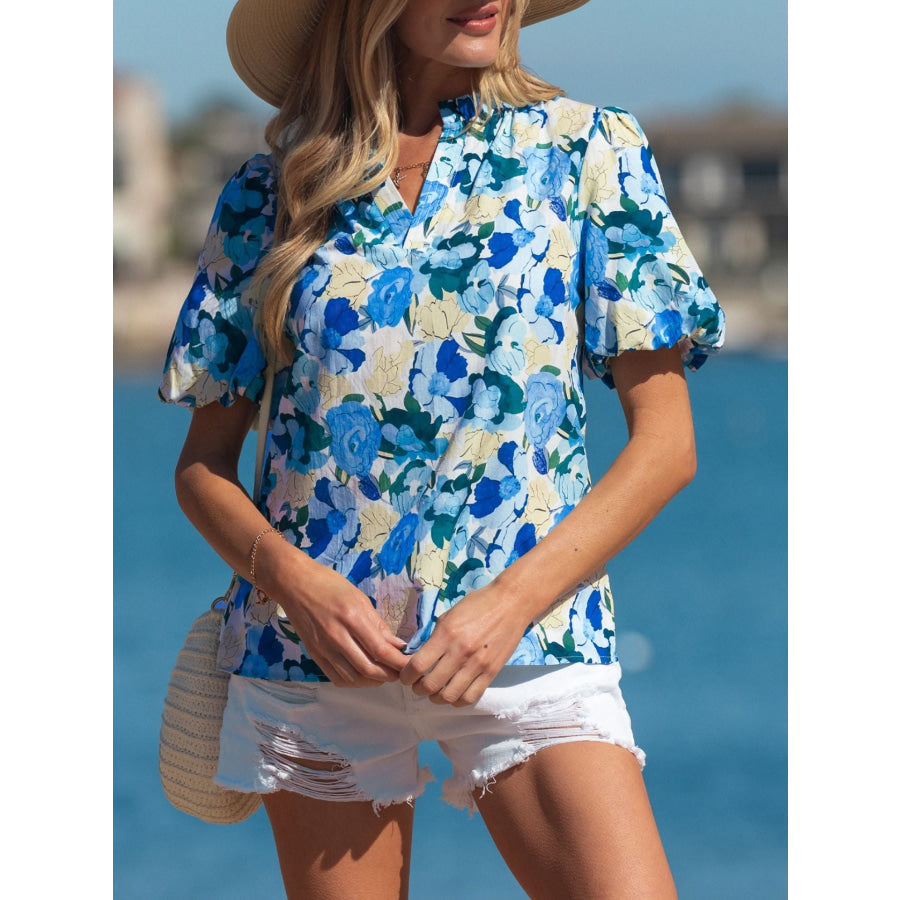Floral Print Short Puff Sleeve V Neck Blouse Apparel and Accessories