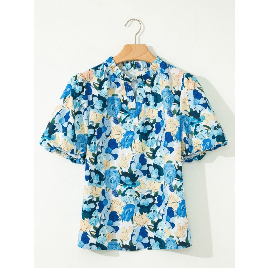 Floral Print Short Puff Sleeve V Neck Blouse Apparel and Accessories