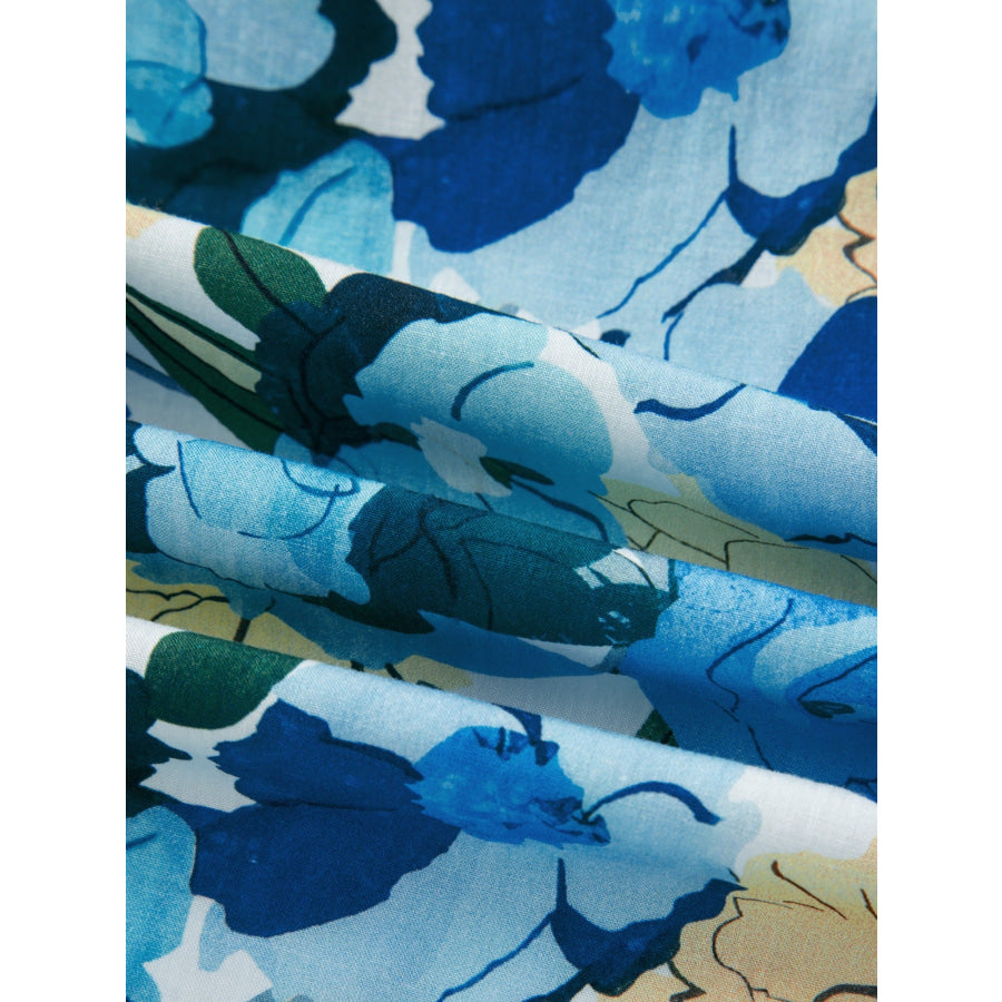 Floral Print Short Puff Sleeve V Neck Blouse Apparel and Accessories