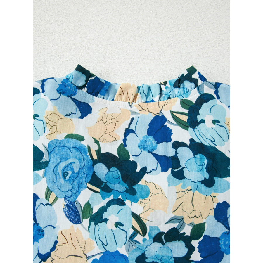 Floral Print Short Puff Sleeve V Neck Blouse Apparel and Accessories