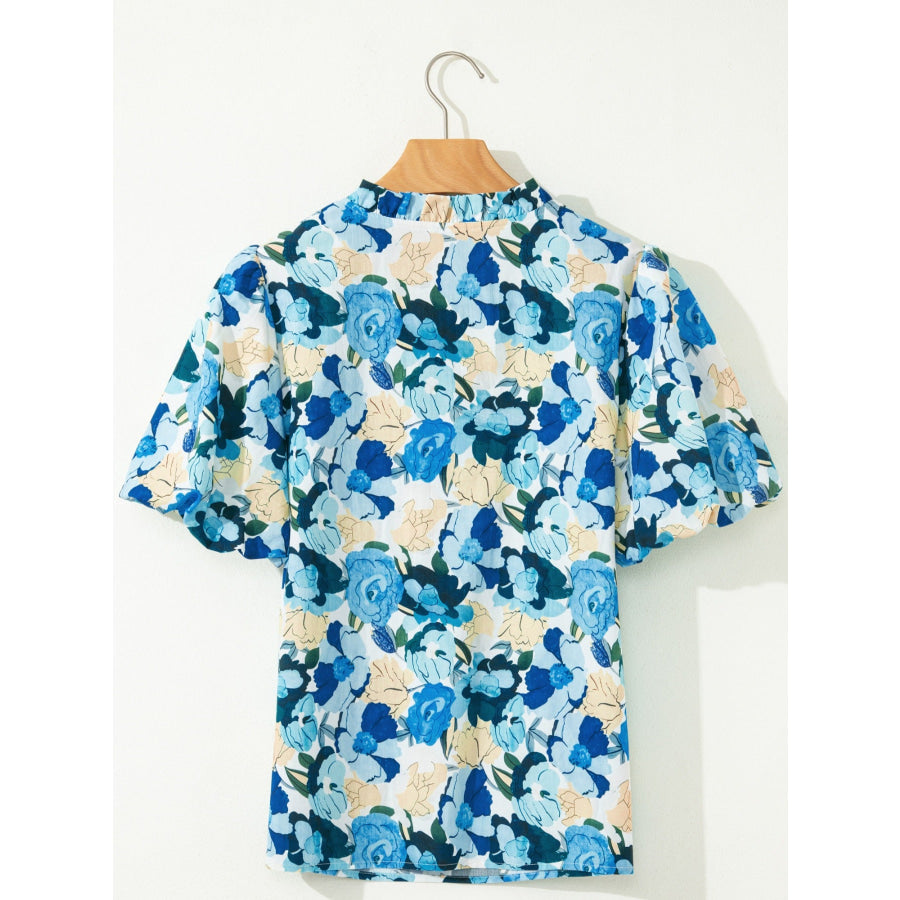 Floral Print Short Puff Sleeve V Neck Blouse Apparel and Accessories