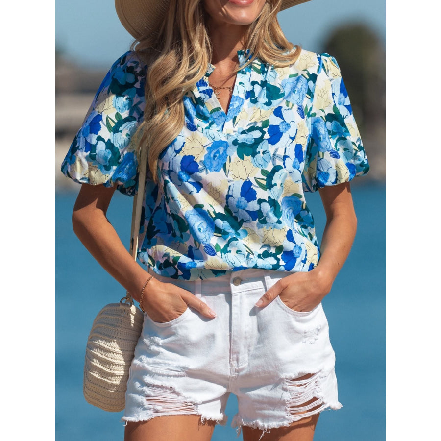 Floral Print Short Puff Sleeve V Neck Blouse Apparel and Accessories