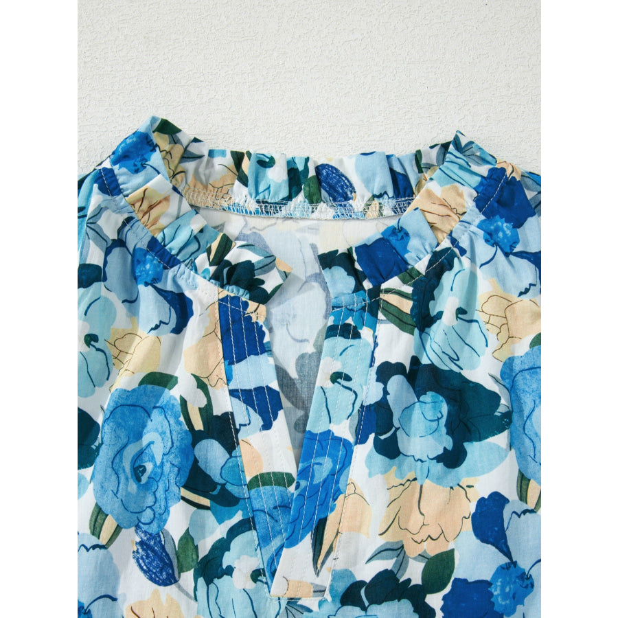 Floral Print Short Puff Sleeve V Neck Blouse Apparel and Accessories