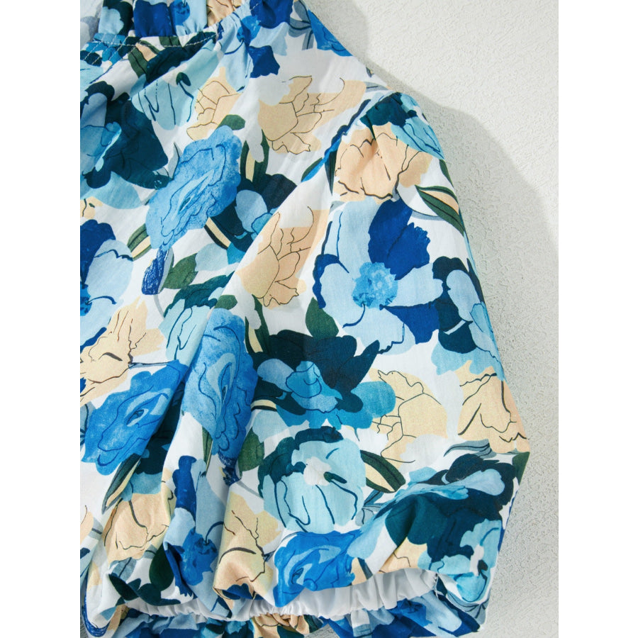 Floral Print Short Puff Sleeve V Neck Blouse Apparel and Accessories