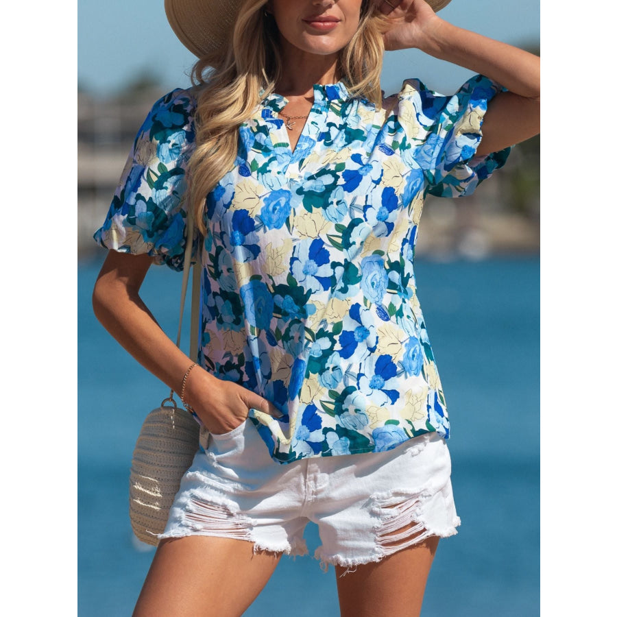 Floral Print Short Puff Sleeve V Neck Blouse Apparel and Accessories