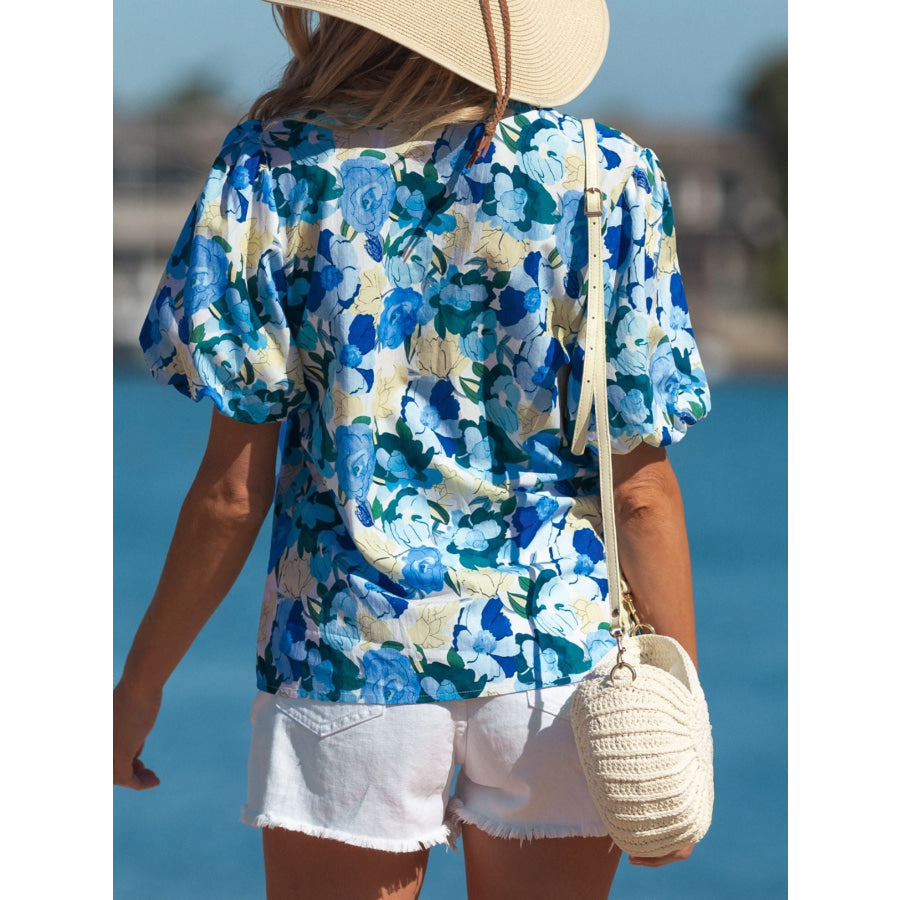 Floral Print Short Puff Sleeve V Neck Blouse Apparel and Accessories