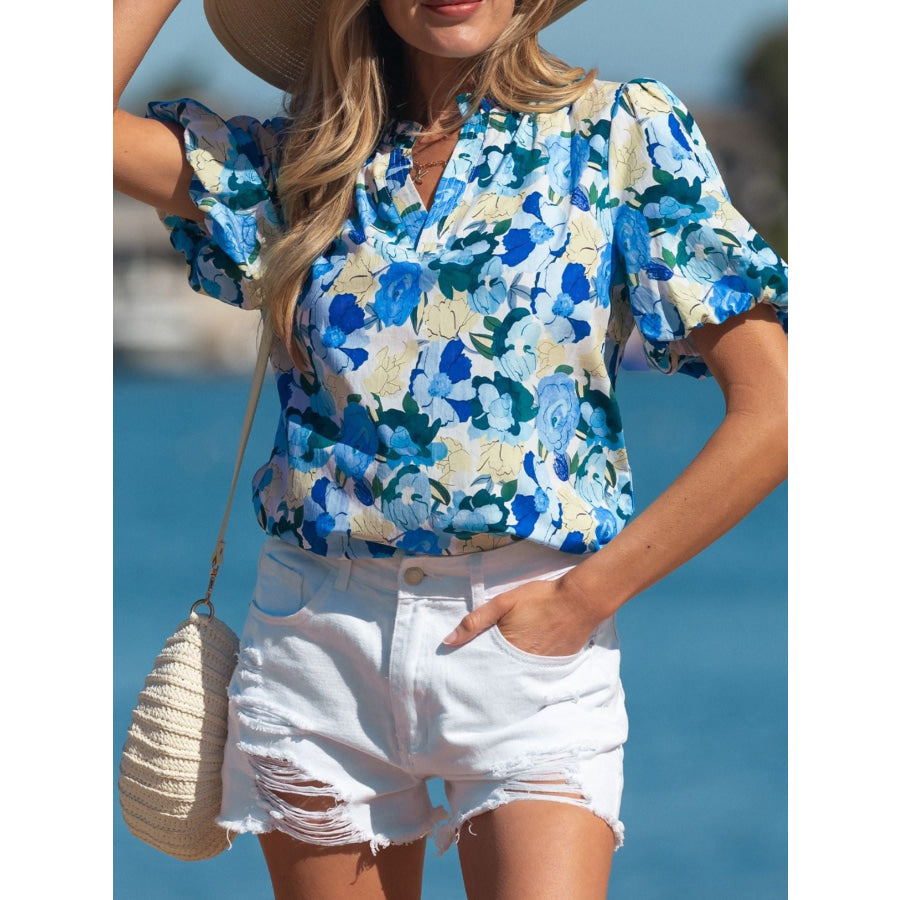 Floral Print Short Puff Sleeve V Neck Blouse Light Blue / S Apparel and Accessories