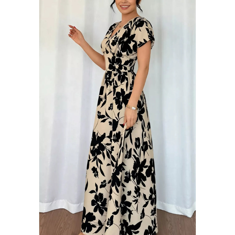 Floral Print Short Sleeve A-Line Maxi Dress Apparel and Accessories