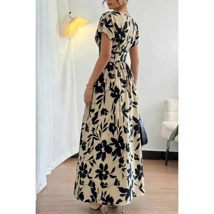 Floral Print Short Sleeve A-Line Maxi Dress Apparel and Accessories
