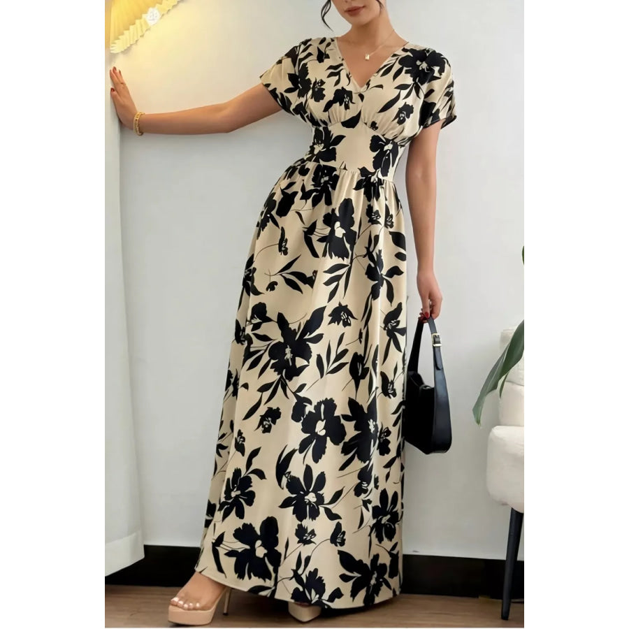Floral Print Short Sleeve A-Line Maxi Dress Khaki / S Apparel and Accessories
