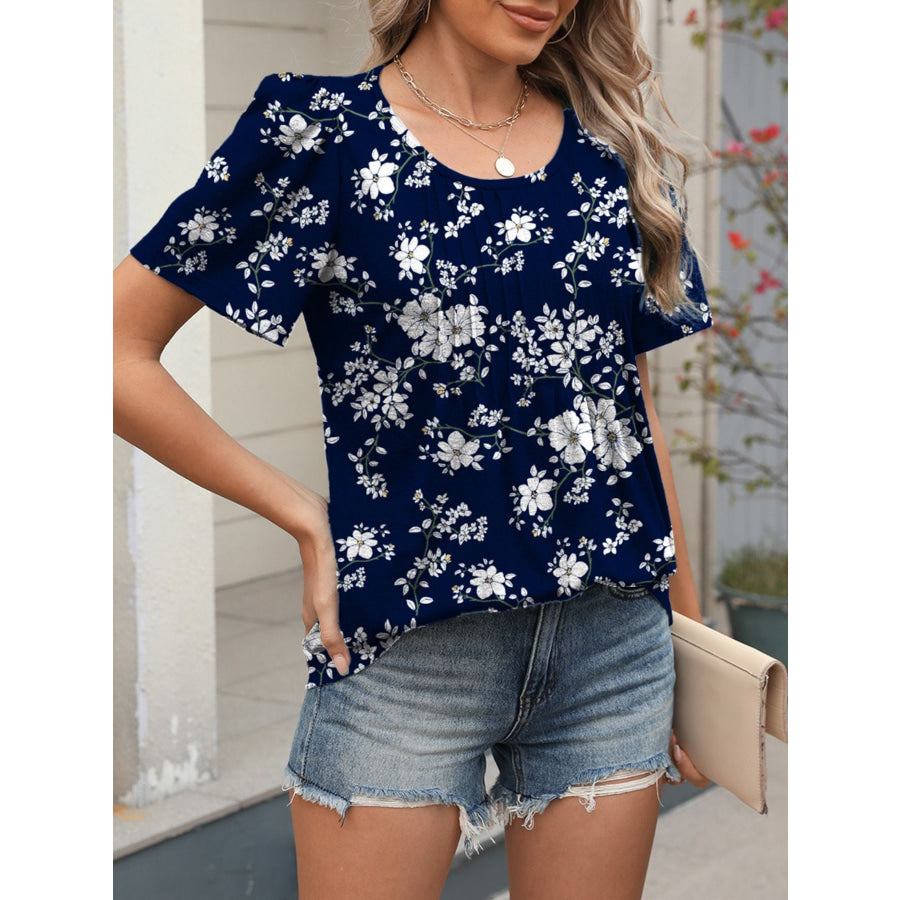 Floral Print Short Sleeve Blouse Dark Blue / S Apparel and Accessories