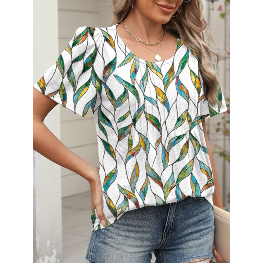 Floral Print Short Sleeve Blouse Turquoise / S Apparel and Accessories