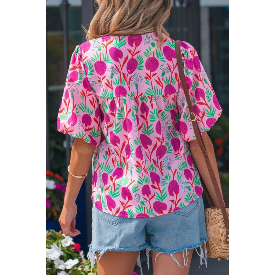 Floral Print Short Sleeve Contrast Patchwork Tassel Tie Blouse Apparel and Accessories