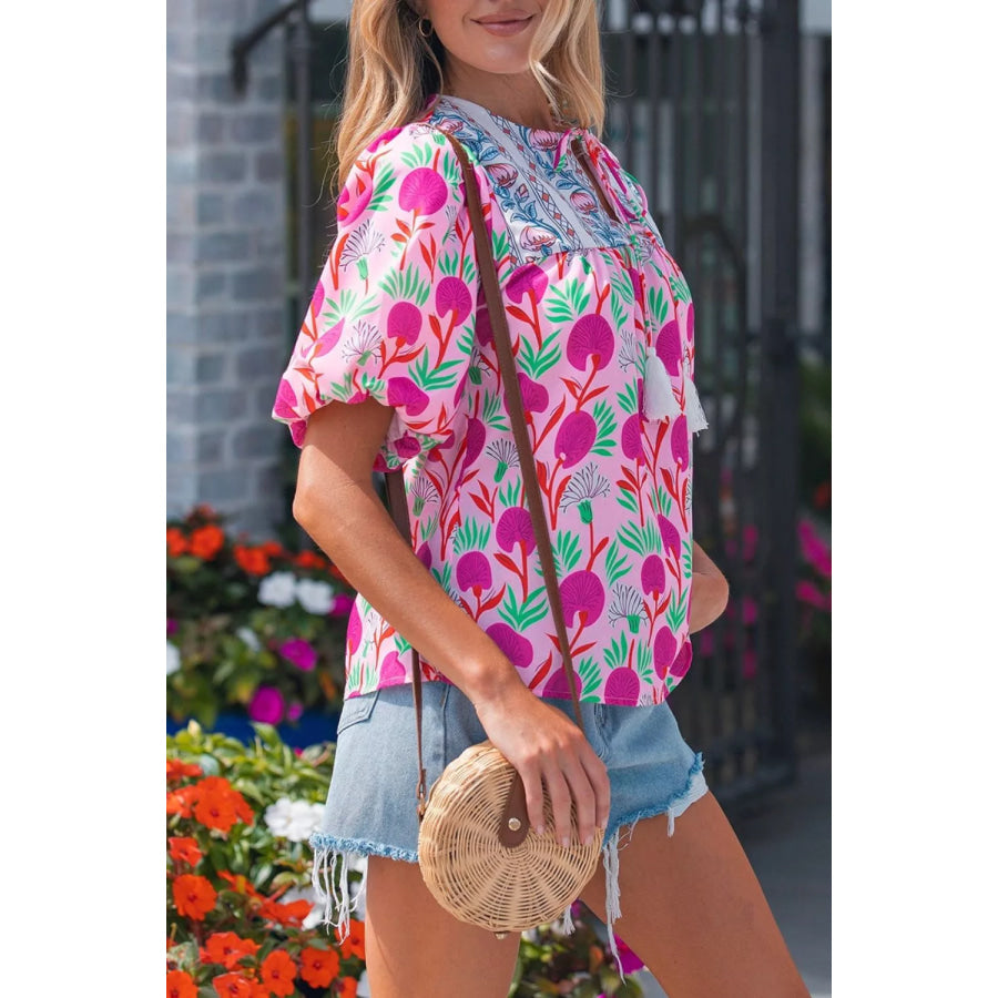 Floral Print Short Sleeve Contrast Patchwork Tassel Tie Blouse Apparel and Accessories