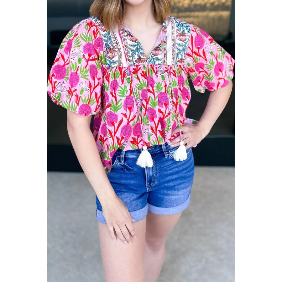 Floral Print Short Sleeve Contrast Patchwork Tassel Tie Blouse Apparel and Accessories