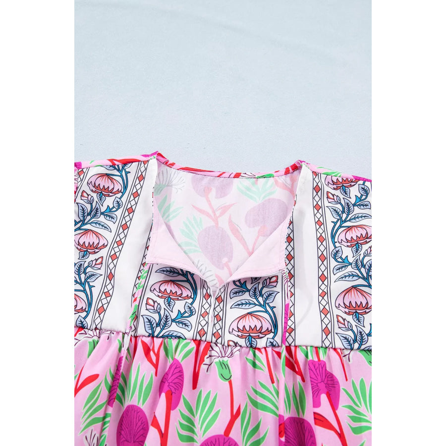 Floral Print Short Sleeve Contrast Patchwork Tassel Tie Blouse Apparel and Accessories