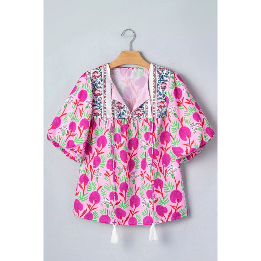Floral Print Short Sleeve Contrast Patchwork Tassel Tie Blouse Apparel and Accessories