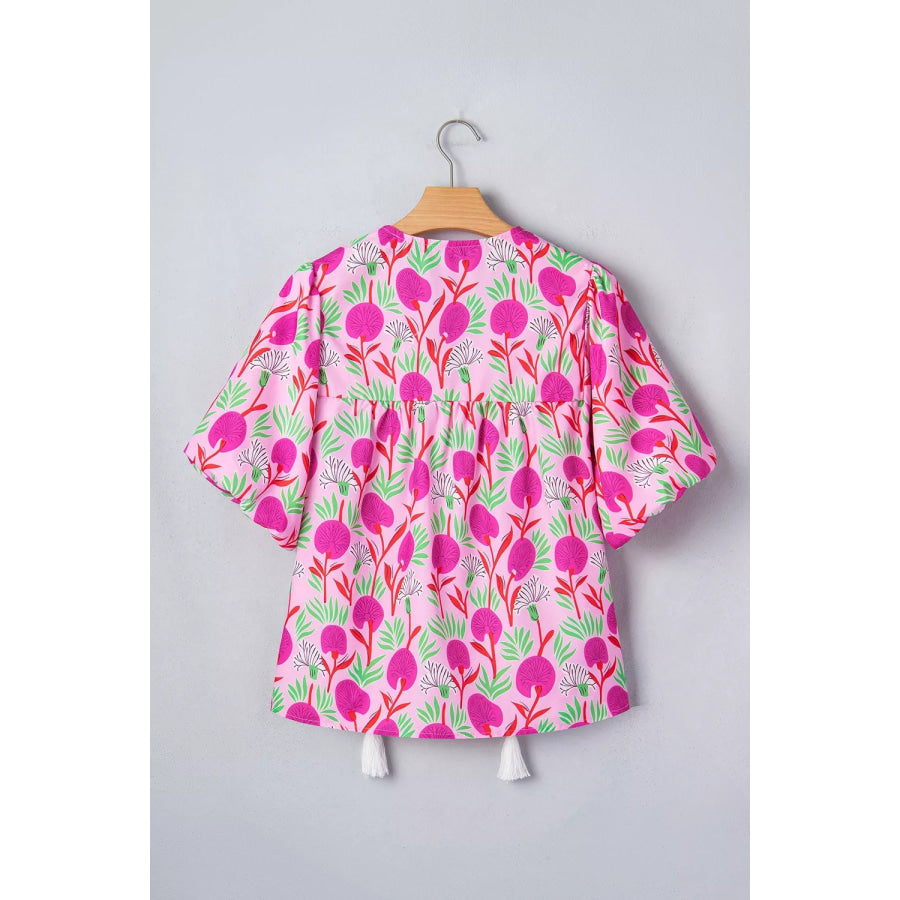 Floral Print Short Sleeve Contrast Patchwork Tassel Tie Blouse Apparel and Accessories