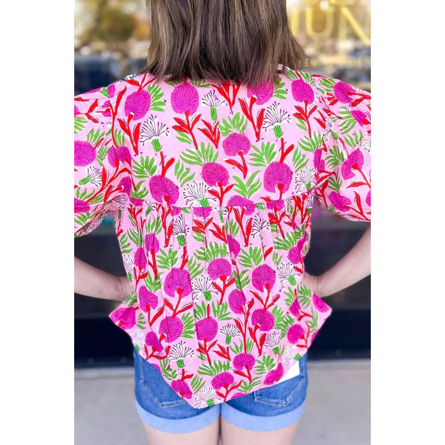 Floral Print Short Sleeve Contrast Patchwork Tassel Tie Blouse Apparel and Accessories