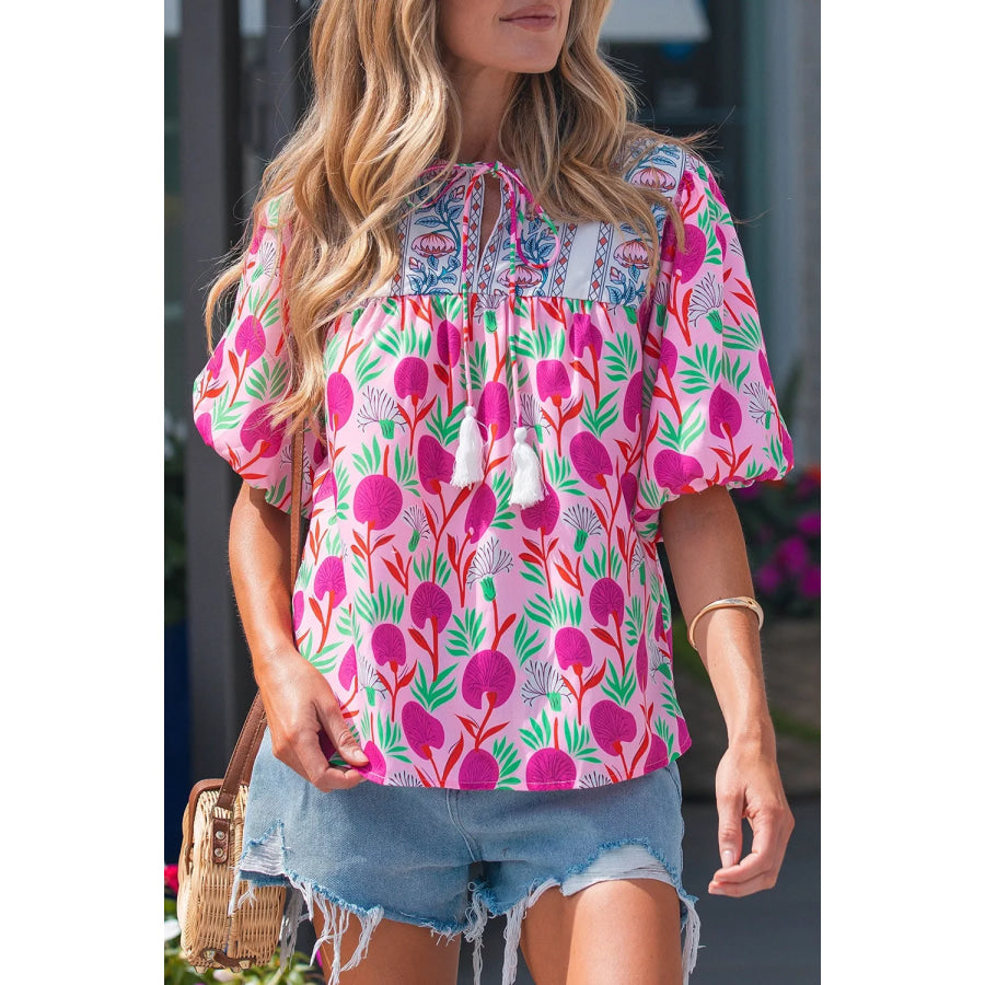 Floral Print Short Sleeve Contrast Patchwork Tassel Tie Blouse Apparel and Accessories