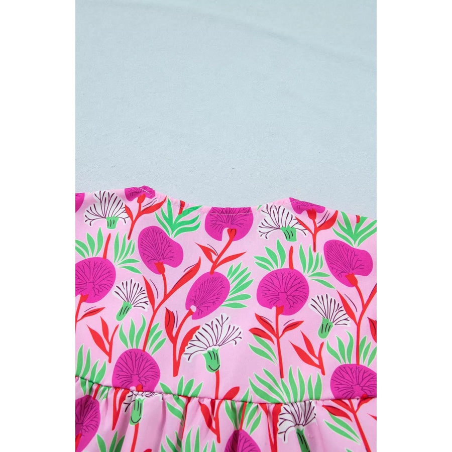 Floral Print Short Sleeve Contrast Patchwork Tassel Tie Blouse Apparel and Accessories