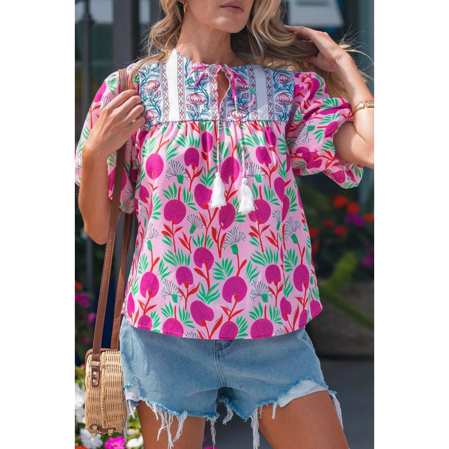 Floral Print Short Sleeve Contrast Patchwork Tassel Tie Blouse Fuchsia Pink / S Apparel and Accessories
