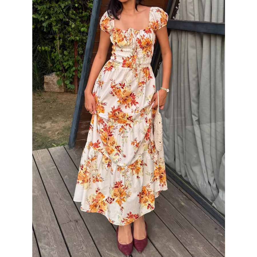 Floral Print Short Sleeve Dress Sherbet / S Apparel and Accessories