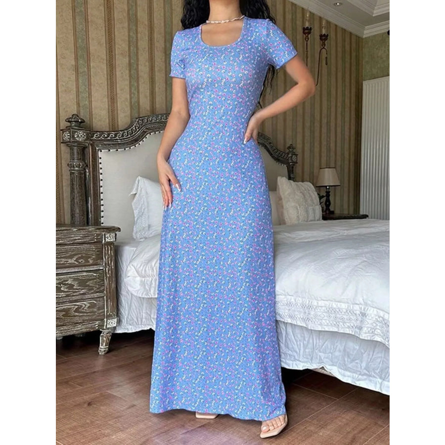 Floral Print Short Sleeve Maxi Dress Blue / XS Apparel and Accessories