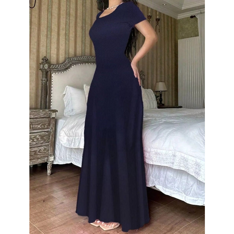 Floral Print Short Sleeve Maxi Dress Dark Blue / XS Apparel and Accessories