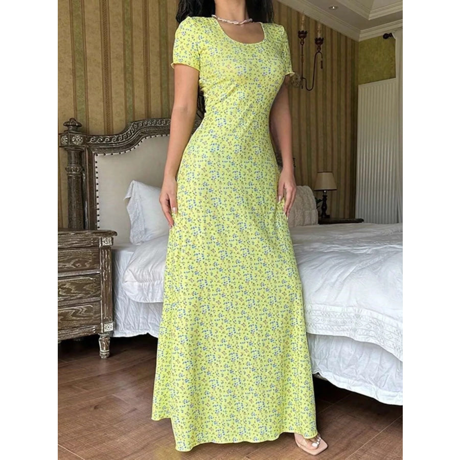 Floral Print Short Sleeve Maxi Dress Yellow / XS Apparel and Accessories