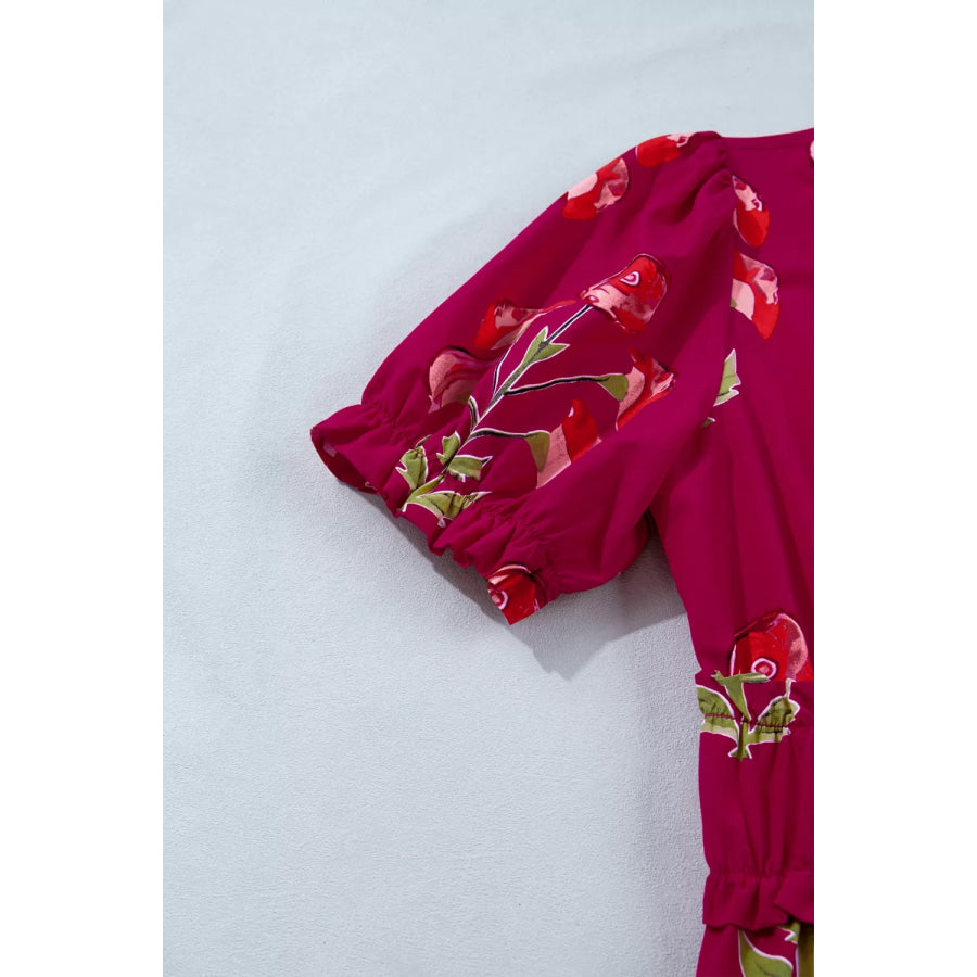 Floral Print Short Sleeve Midi Dress Apparel and Accessories