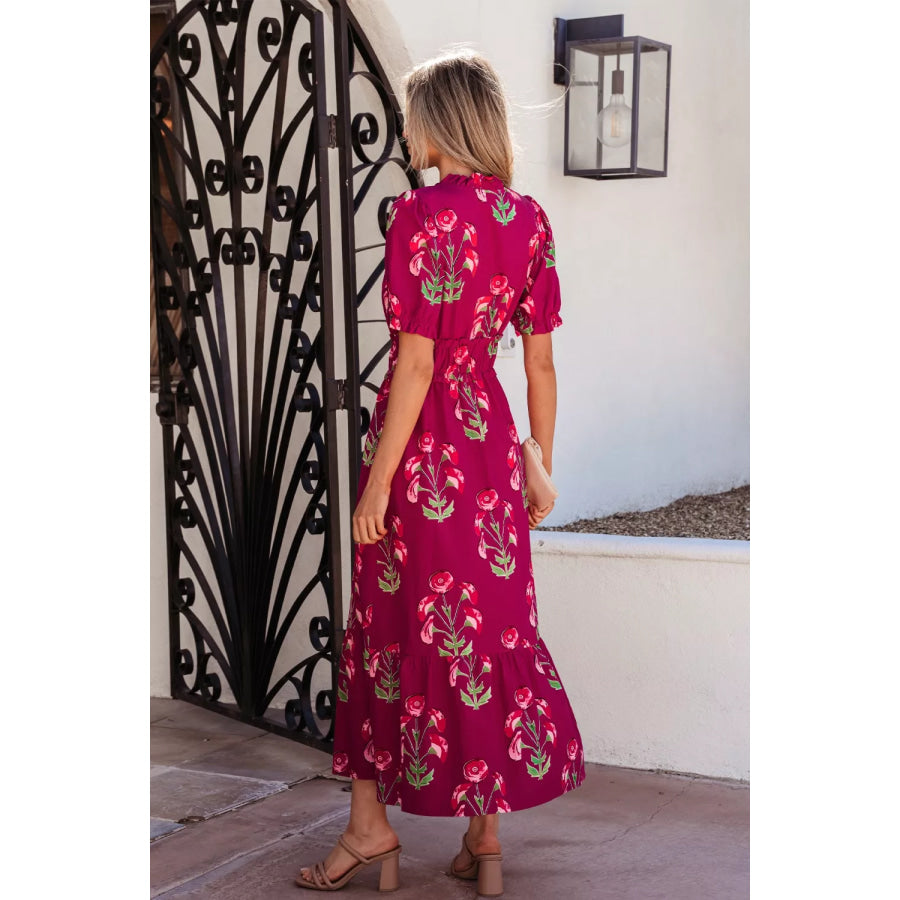 Floral Print Short Sleeve Midi Dress Apparel and Accessories