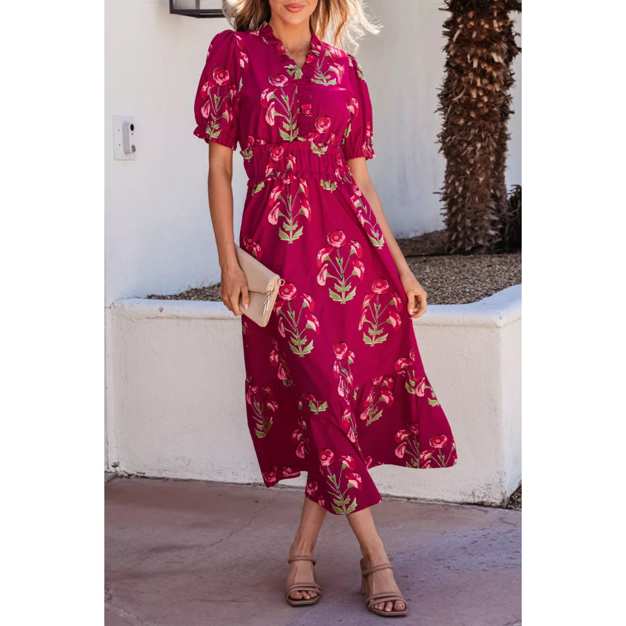 Floral Print Short Sleeve Midi Dress Scarlet / S Apparel and Accessories