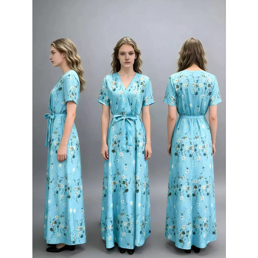 Floral Print Short Sleeve Wrap Maxi Dress Apparel and Accessories