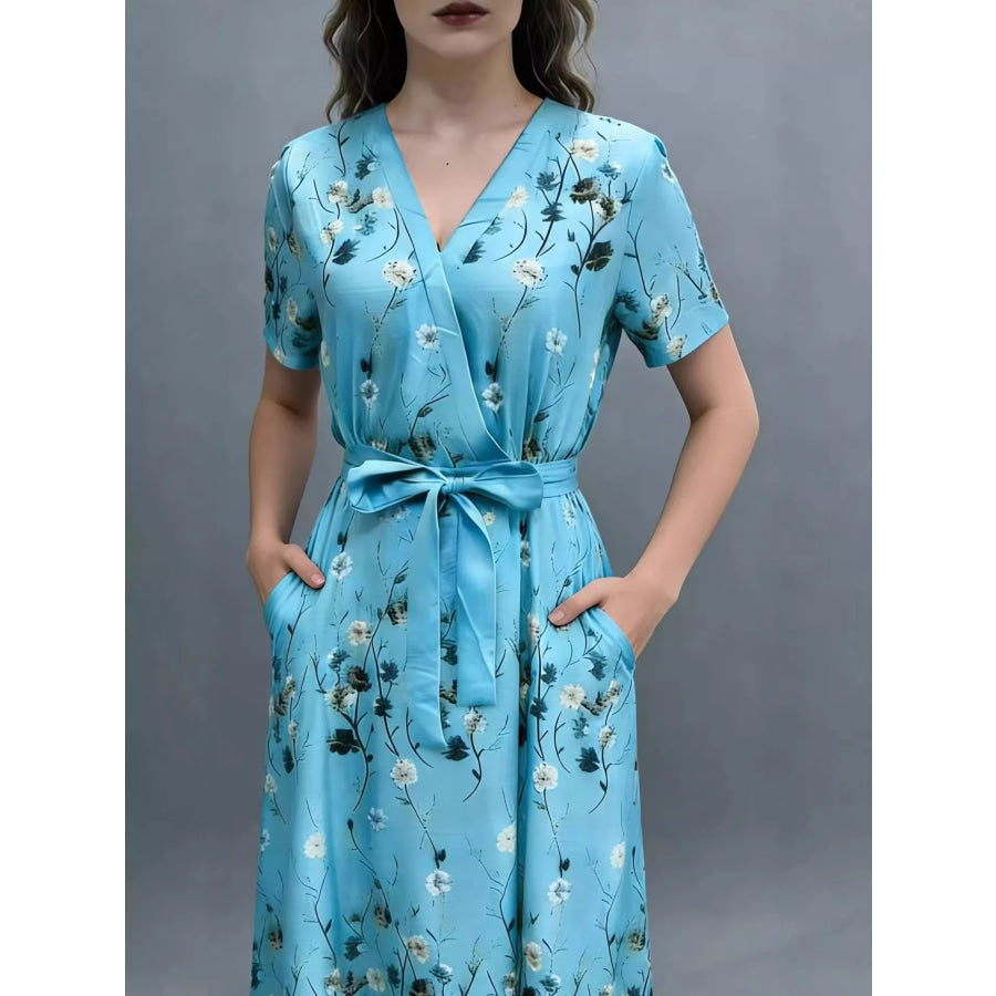 Floral Print Short Sleeve Wrap Maxi Dress Apparel and Accessories