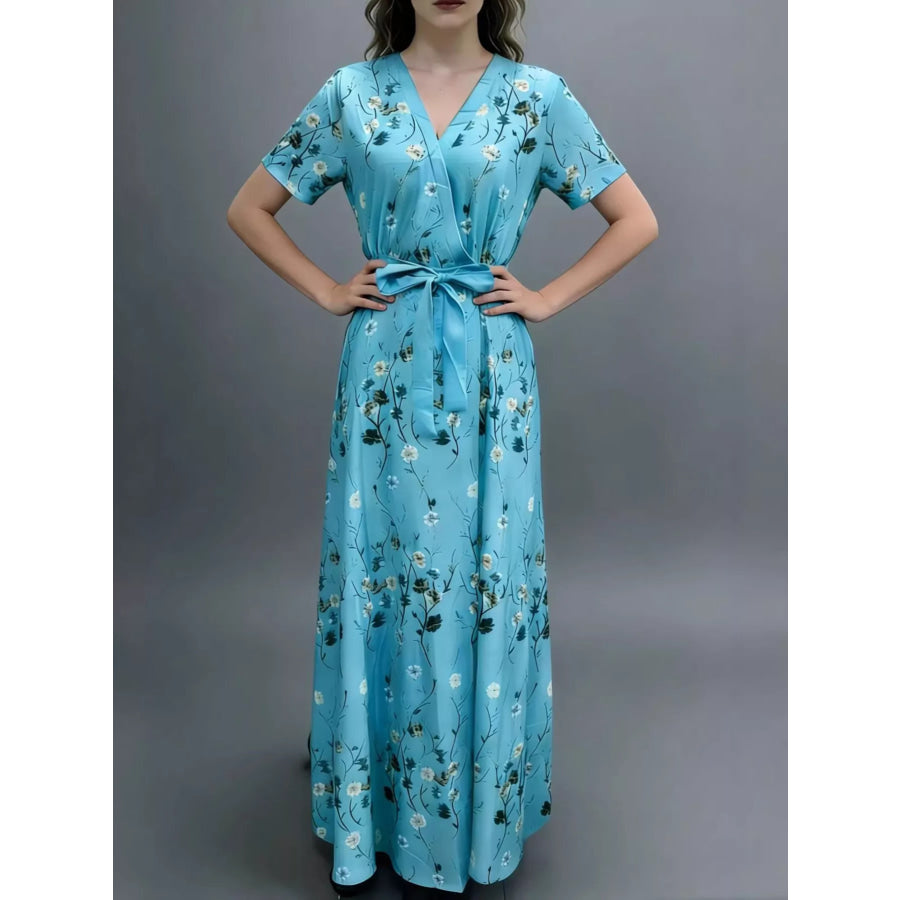Floral Print Short Sleeve Wrap Maxi Dress Sky Blue / S Apparel and Accessories