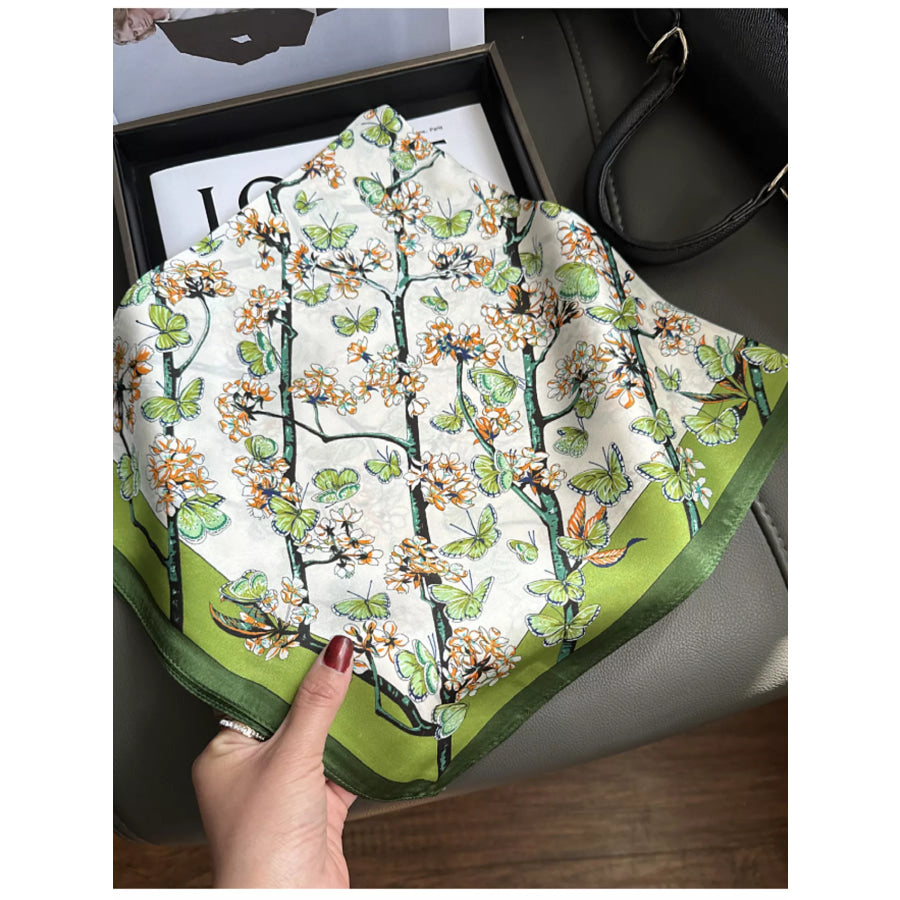 Floral Print Silk Scarf Dark Green / One Size Apparel and Accessories